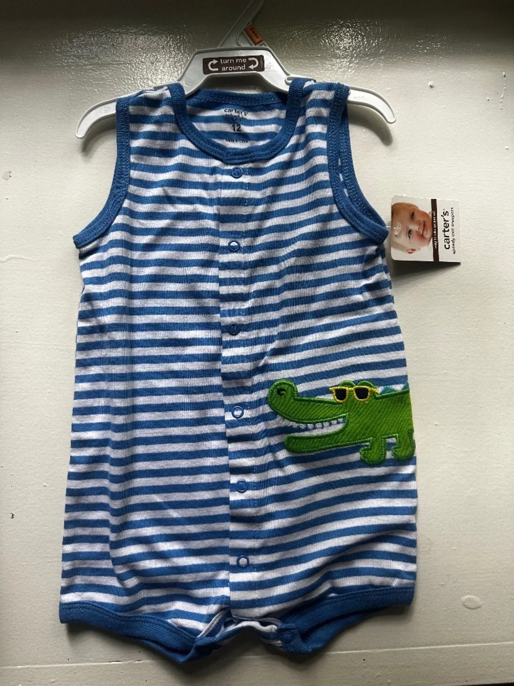 Carter's Baby Boy 12M Blue & White Striped Gator Romper / Creeper